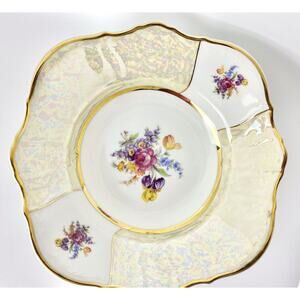 Rare Bernadotte Czech Square Serving Bowl 9" Floral/Iridescent Gold Vintage